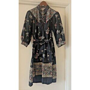 Vtg Rare 70's Wom Sz 13 Floral Boho Cottage Core PLAIN JANE SF Black Midi‎ Dress